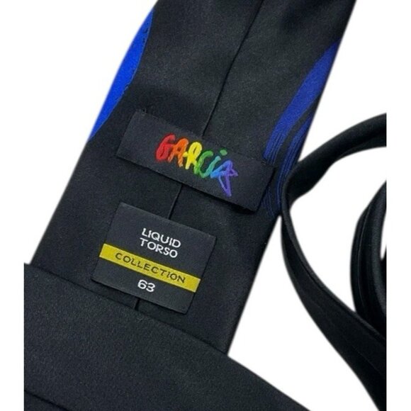 J. GARCIA Men's 100% Silk Necktie DESIGNER Tie XL Black Blue Art W:3.4" EUC - Picture 2 of 4